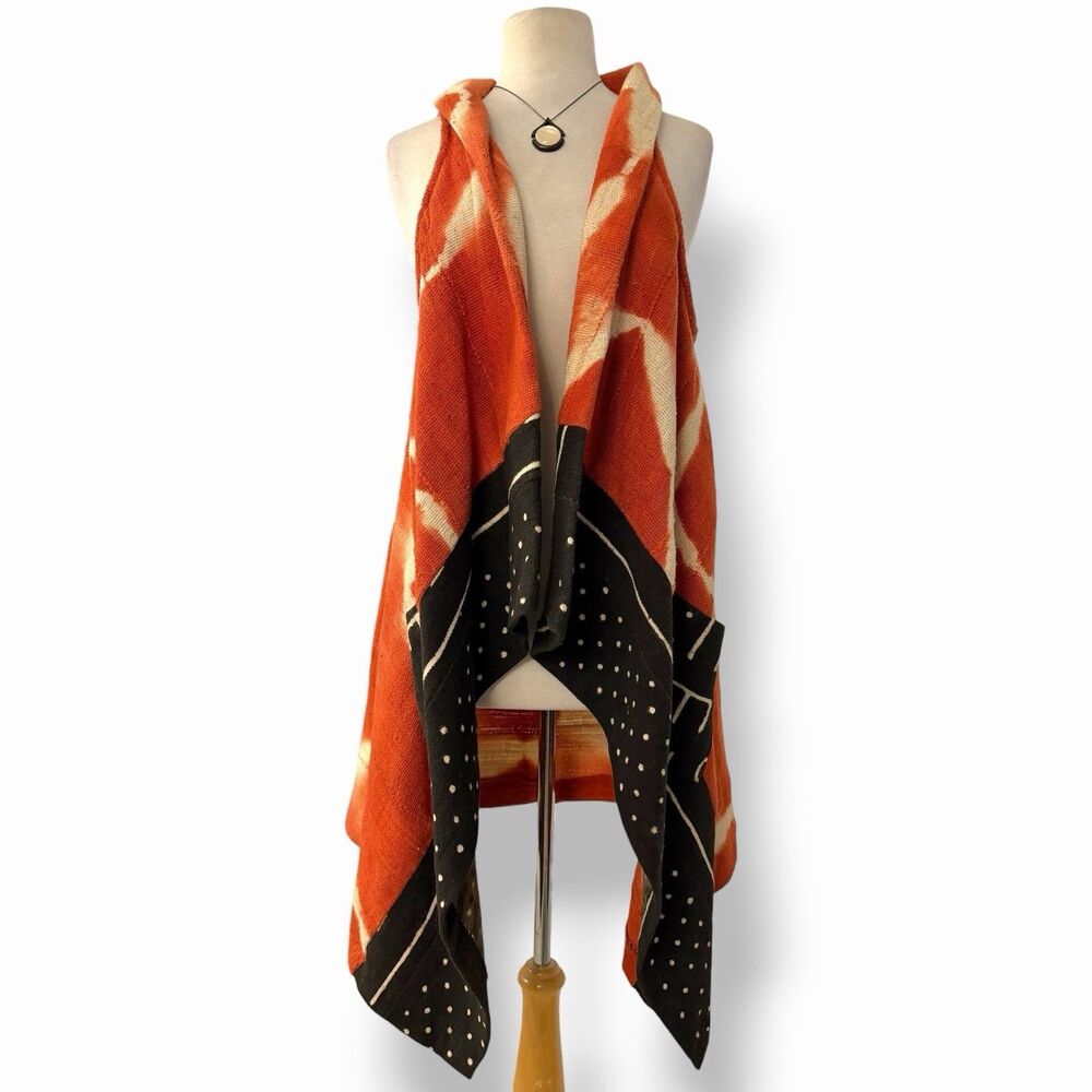 Authentic Bogolanfini African Mudcloth Vest Orange Tie Dye Draped Cardigan Wrap